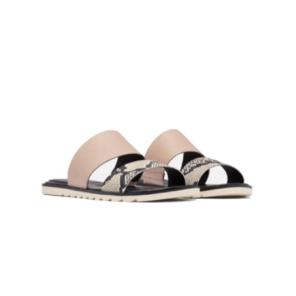 Sorel Beige and Black Snake-Print Slide Sandals